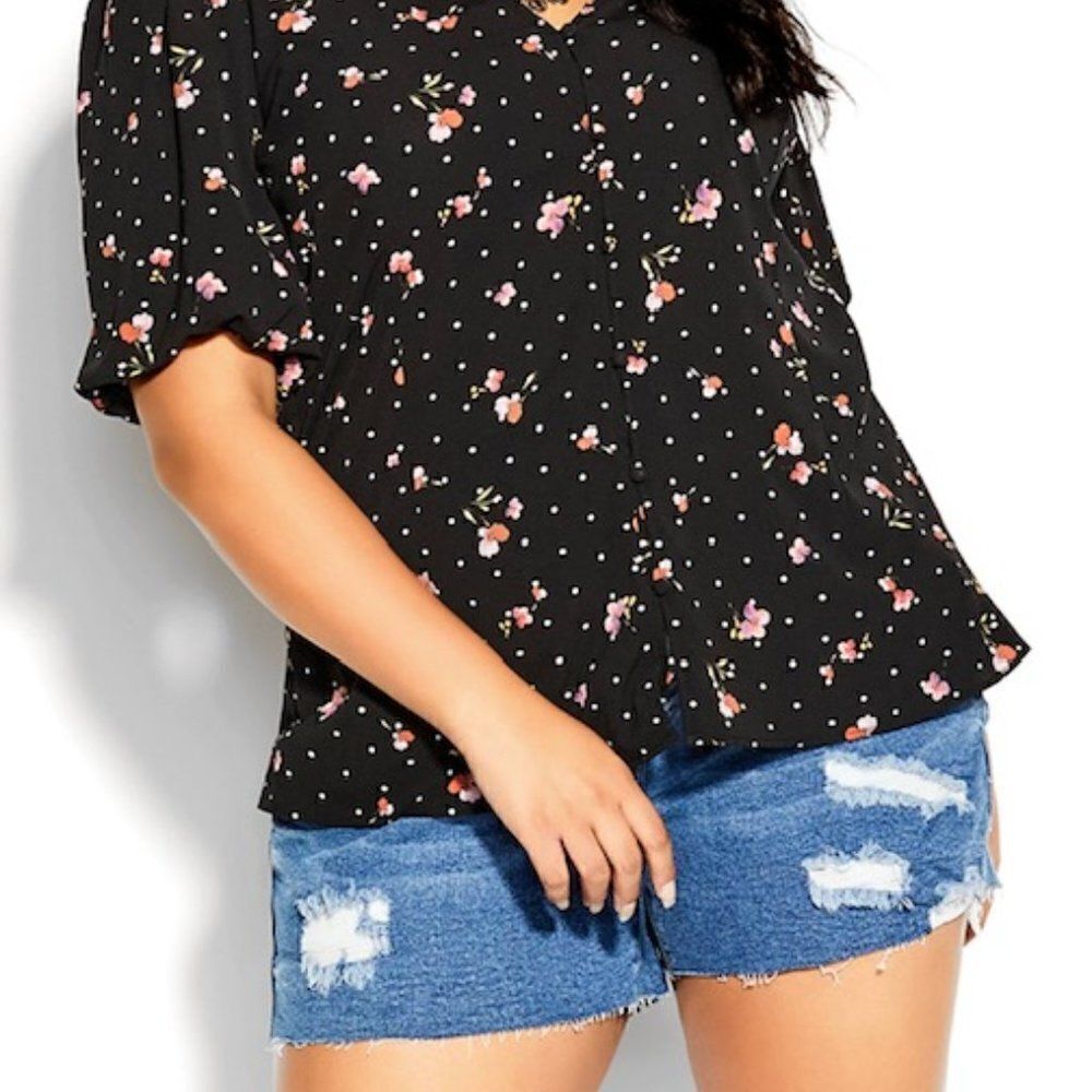 City Chic Black Floral Petal Spot button front blouse, size XS
